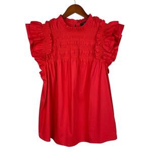 Marc New York Andrew Marc Blouse Red Smocked Ruffle High Neck Top Women's 1X